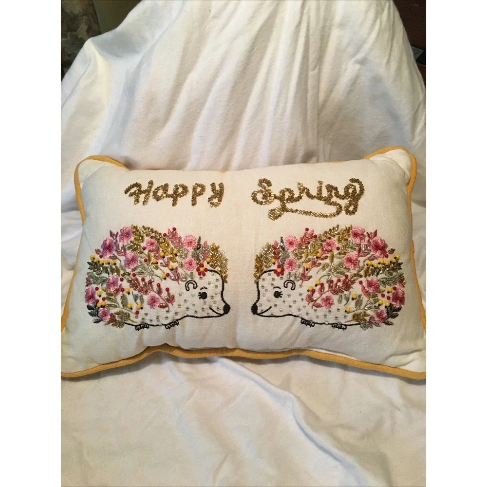 Happy Spring Beaded Floral Pillow Throw Decorative Garden Hedge Hogs